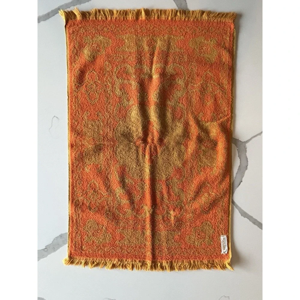 Vtg MCM 1960's Hope Fashions Hand Towel Orange Sculpted Design Fringe